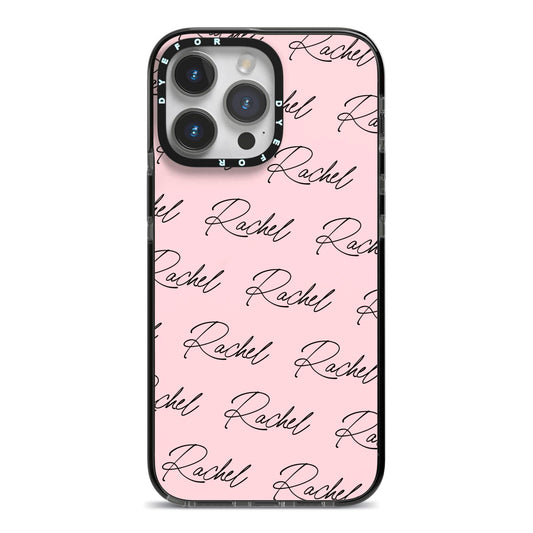 Personalised Pink Script Name Pattern iPhone 14 Pro Max Black Impact Case on Silver phone