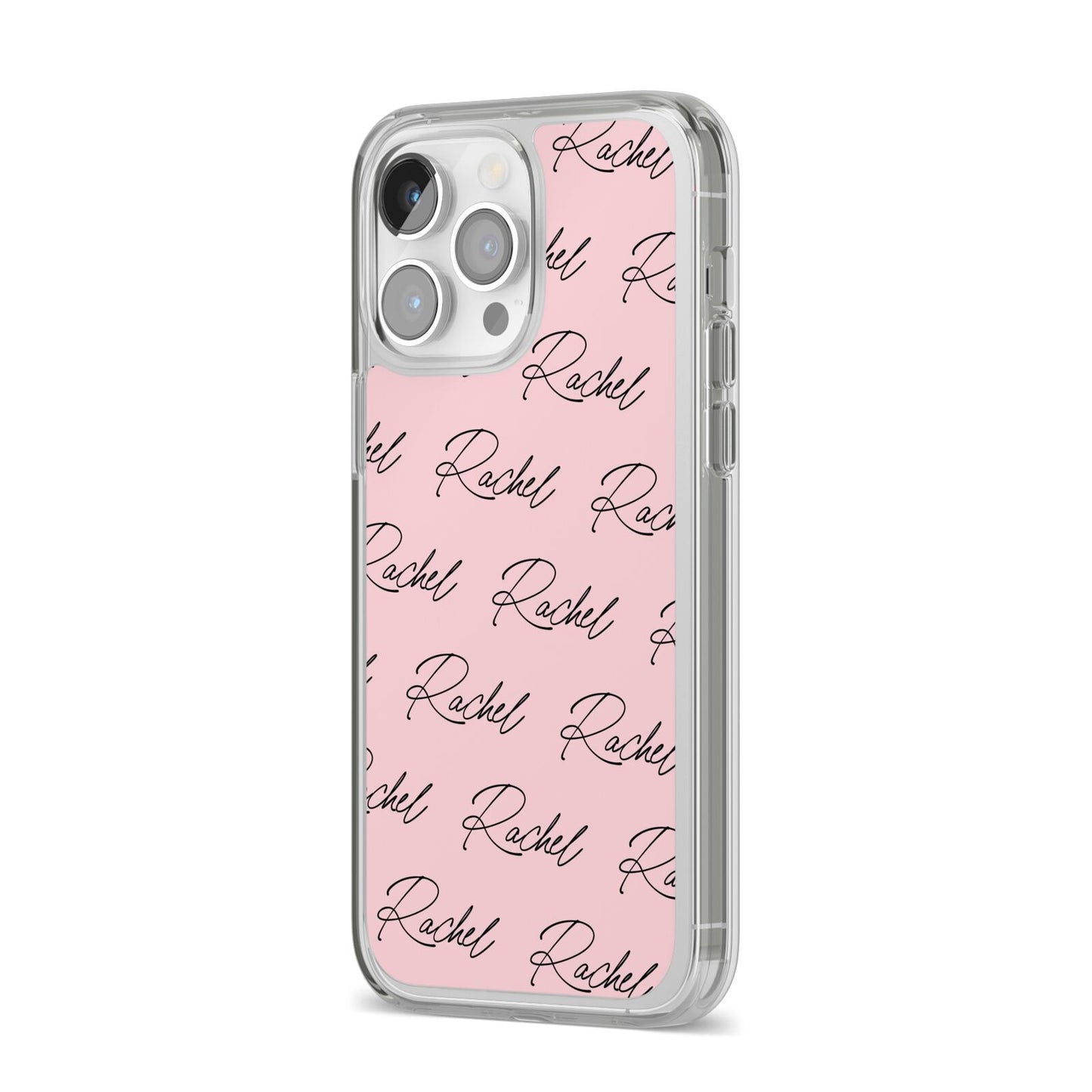 Personalised Pink Script Name Pattern iPhone 14 Pro Max Clear Tough Case Silver Angled Image