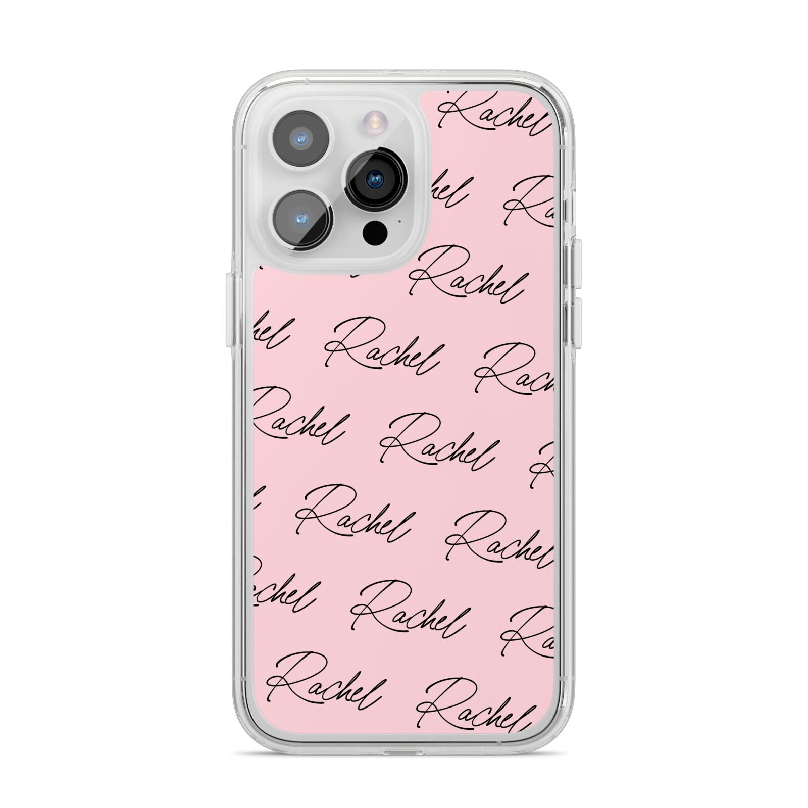 Personalised Pink Script Name Pattern iPhone 14 Pro Max Clear Tough Case Silver