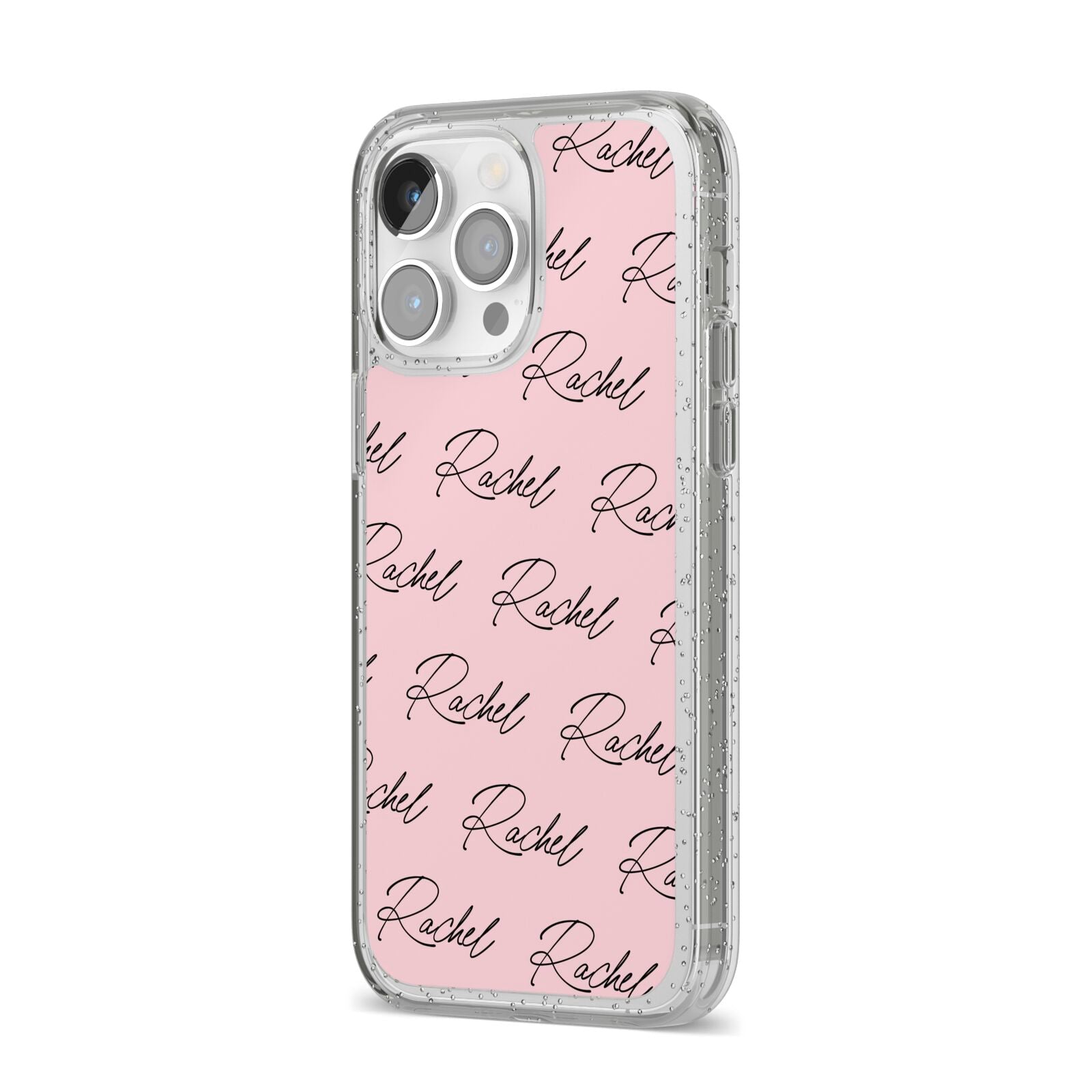 Personalised Pink Script Name Pattern iPhone 14 Pro Max Glitter Tough Case Silver Angled Image