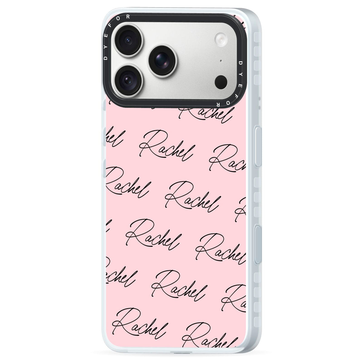 Personalised Pink Script Name Pattern iPhone 18 Pro Black Impact Pre order Case Side Angle on Silver phone