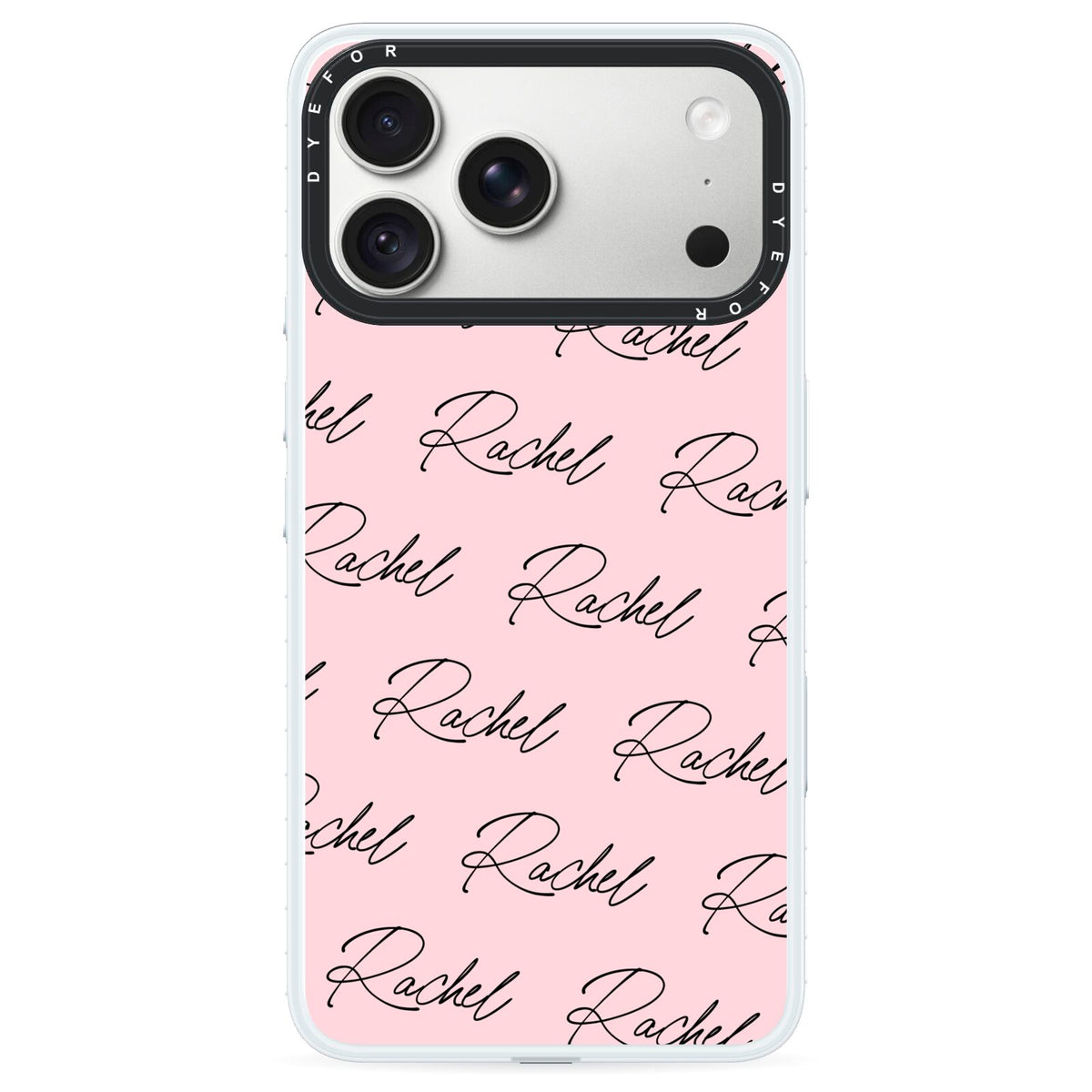 Personalised Pink Script Name Pattern iPhone 18 Pro Black Impact Pre order Case on Silver phone