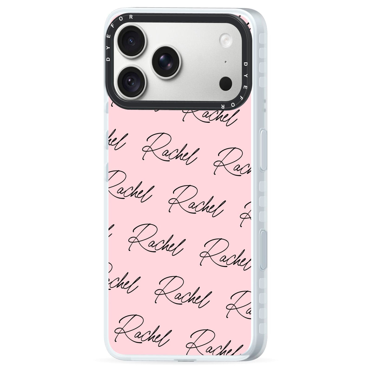 Personalised Pink Script Name Pattern iPhone 18 Pro Max Black Impact Pre order Case Side Angle on Silver phone