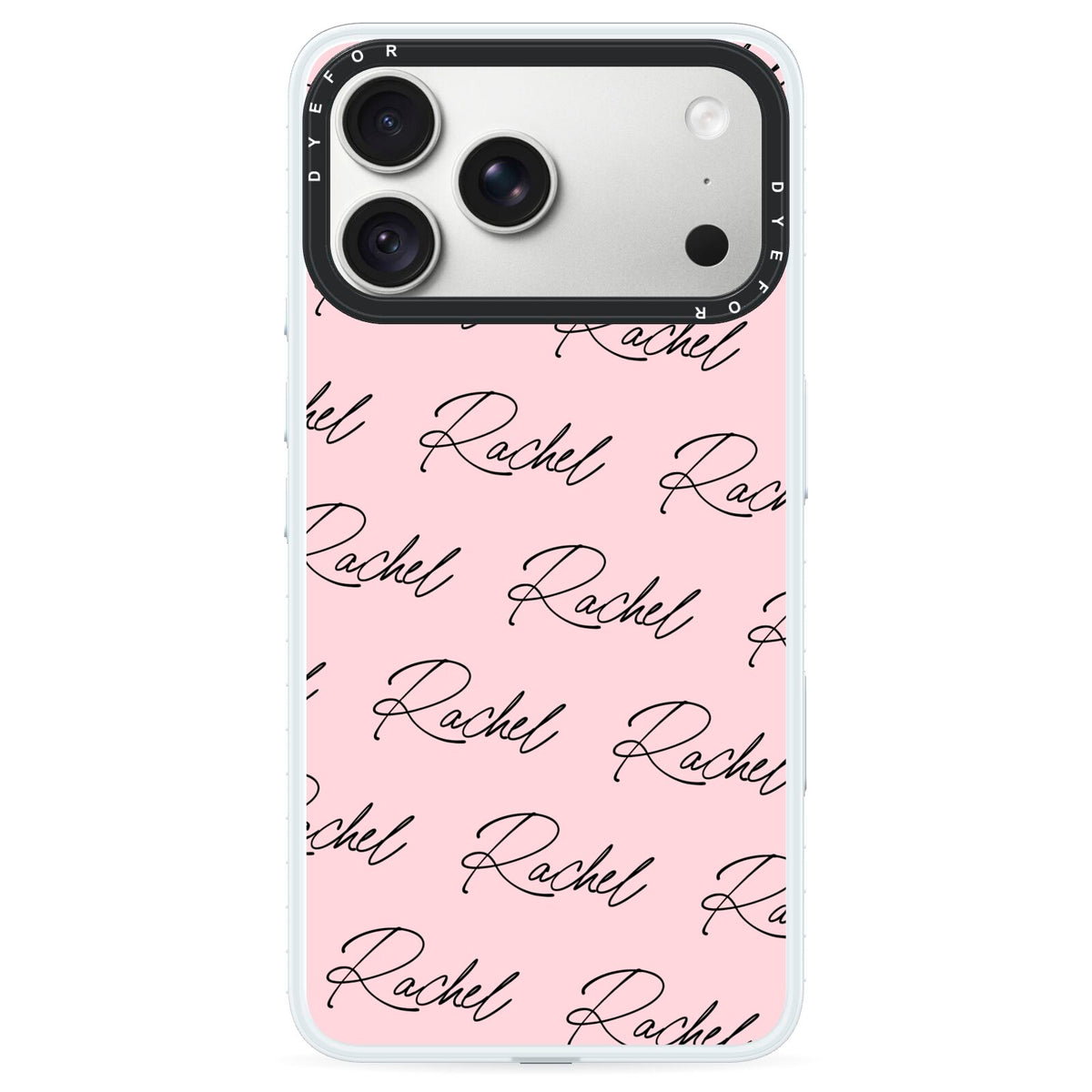 Personalised Pink Script Name Pattern iPhone 18 Pro Max Black Impact Pre order Case on Silver phone