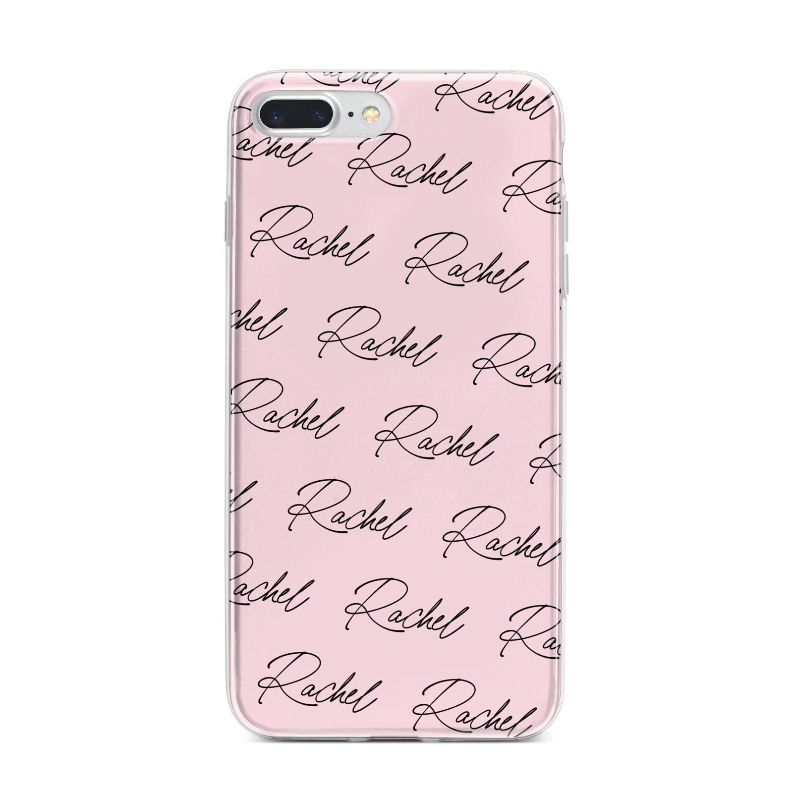Personalised Pink Script Name Pattern iPhone 7 Plus Bumper Case on Silver iPhone