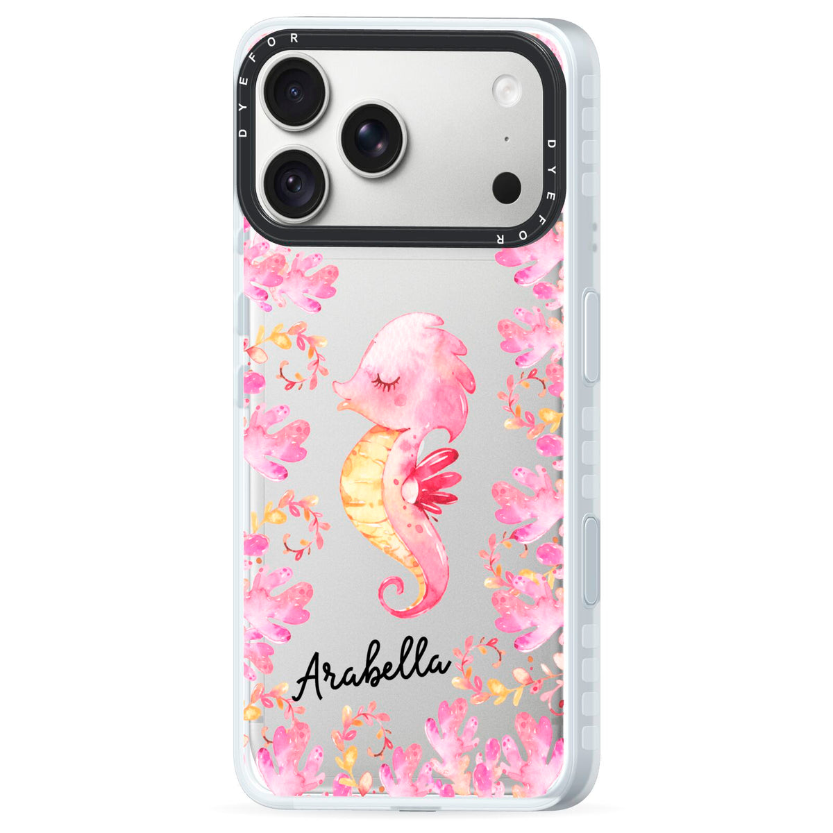 Personalised Pink Seahorse iPhone 18 Pro Max Black Impact Pre order Case Side Angle on Silver phone