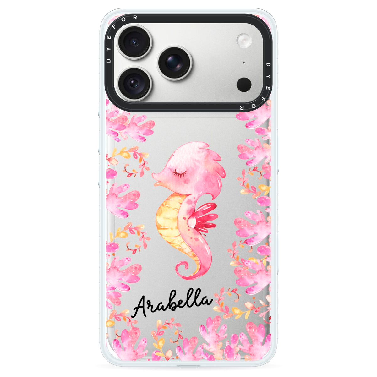 Personalised Pink Seahorse iPhone 18 Pro Max Black Impact Pre order Case on Silver phone
