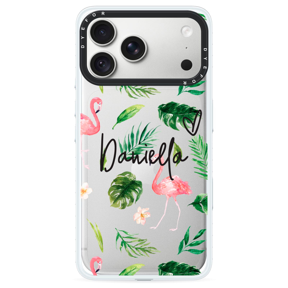 Personalised Pink White Flamingo iPhone 18 Pro Black Impact Pre order Case on Silver phone