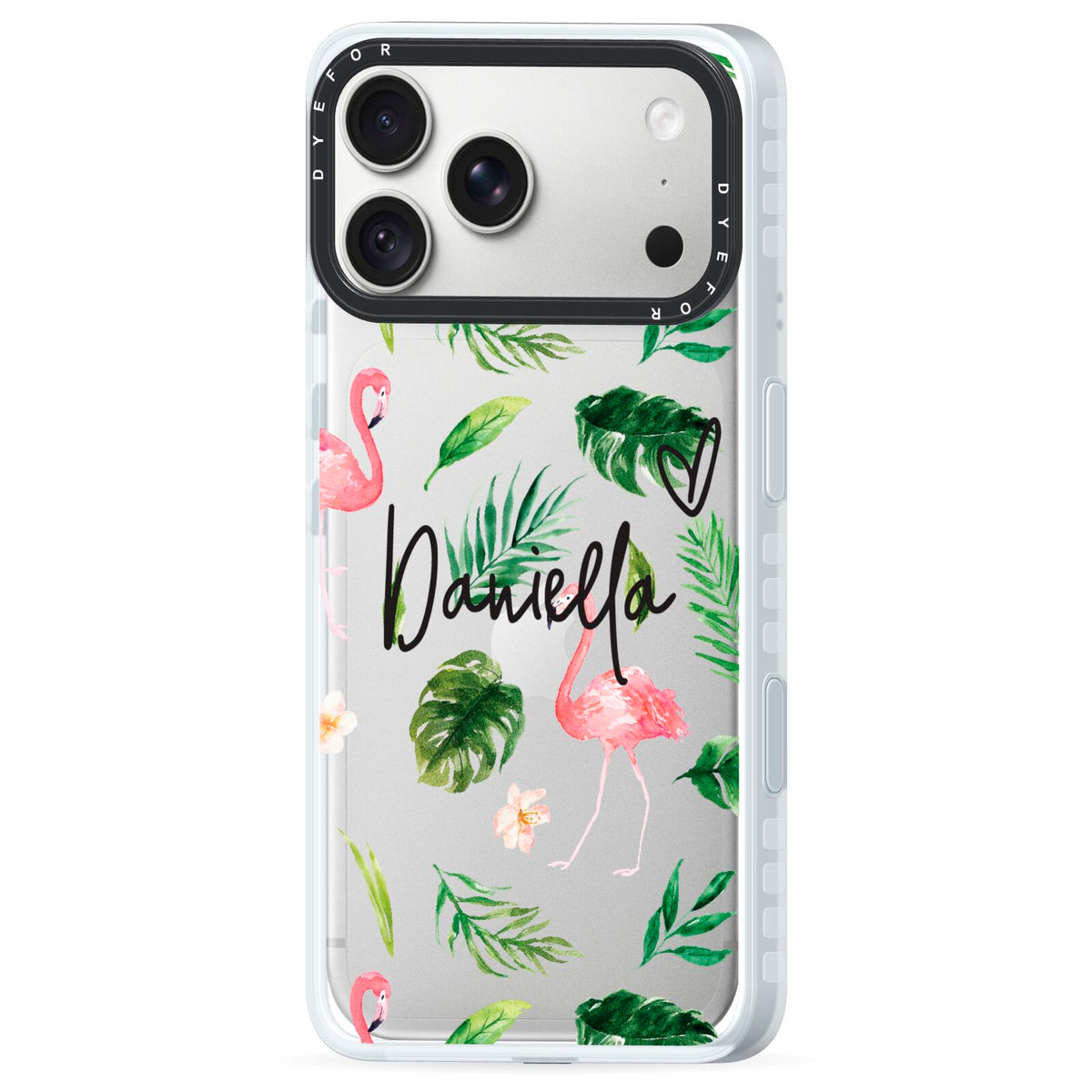 Personalised Pink White Flamingo iPhone 18 Pro Max Black Impact Pre order Case Side Angle on Silver phone