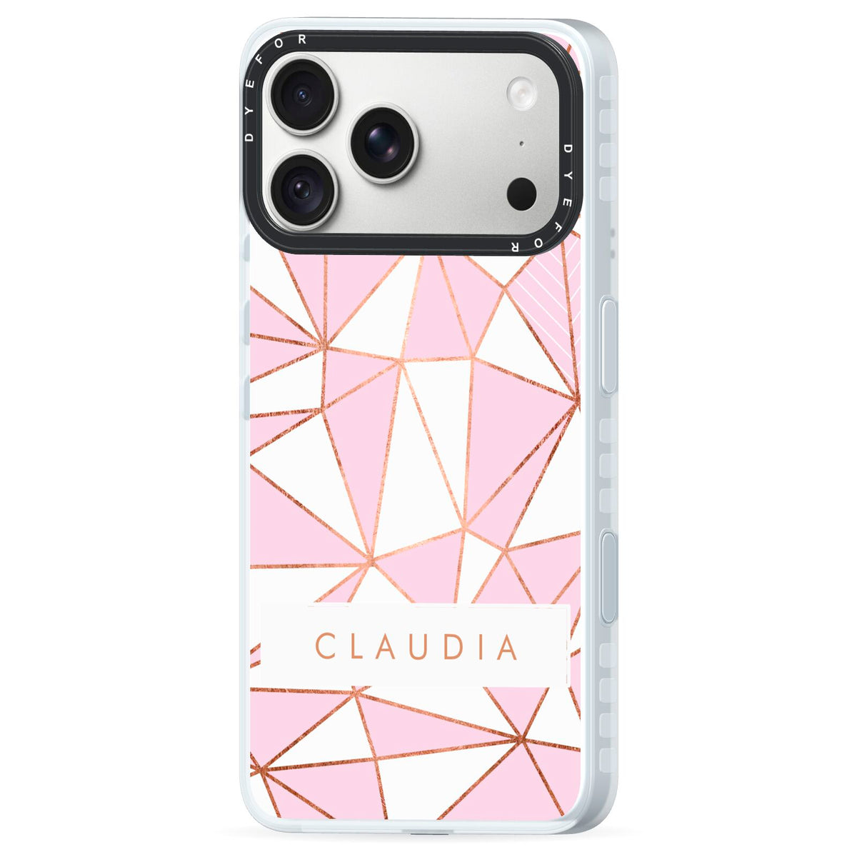Personalised Pink White Rose Gold Name iPhone 18 Pro Black Impact Pre order Case Side Angle on Silver phone