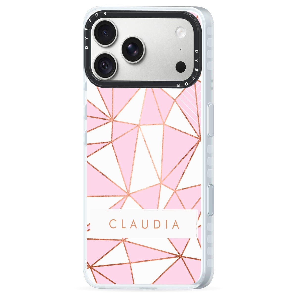 Personalised Pink White Rose Gold Name iPhone 18 Pro Max Black Impact Pre order Case Side Angle on Silver phone