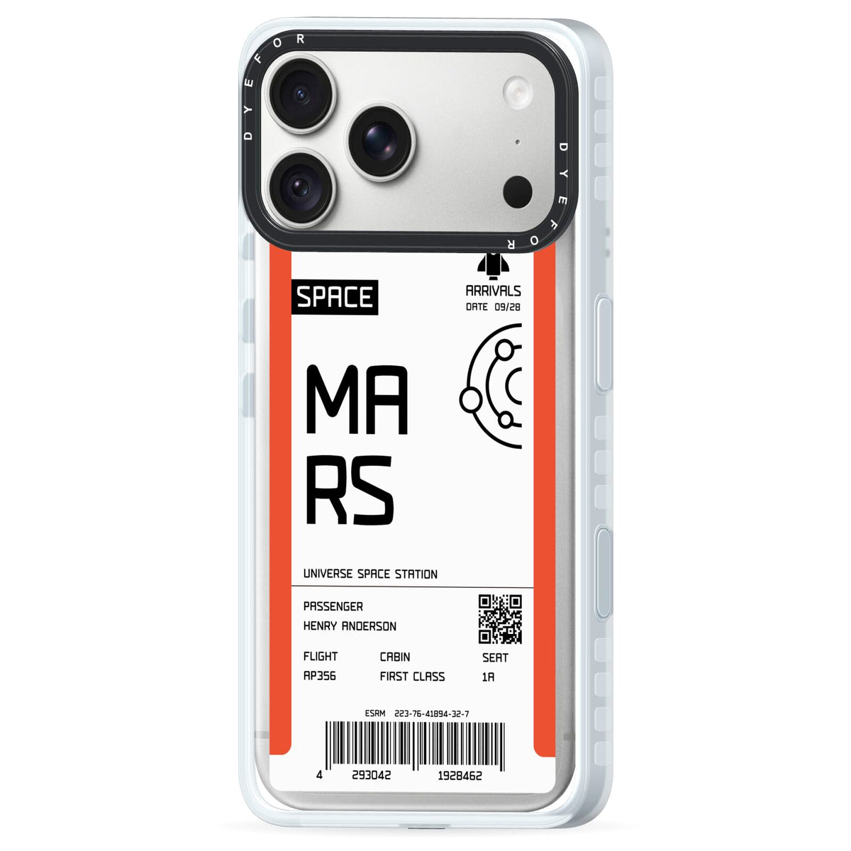 Personalised Planet Boarding Pass iPhone 18 Pro Max Black Impact Pre order Case Side Angle on Silver phone