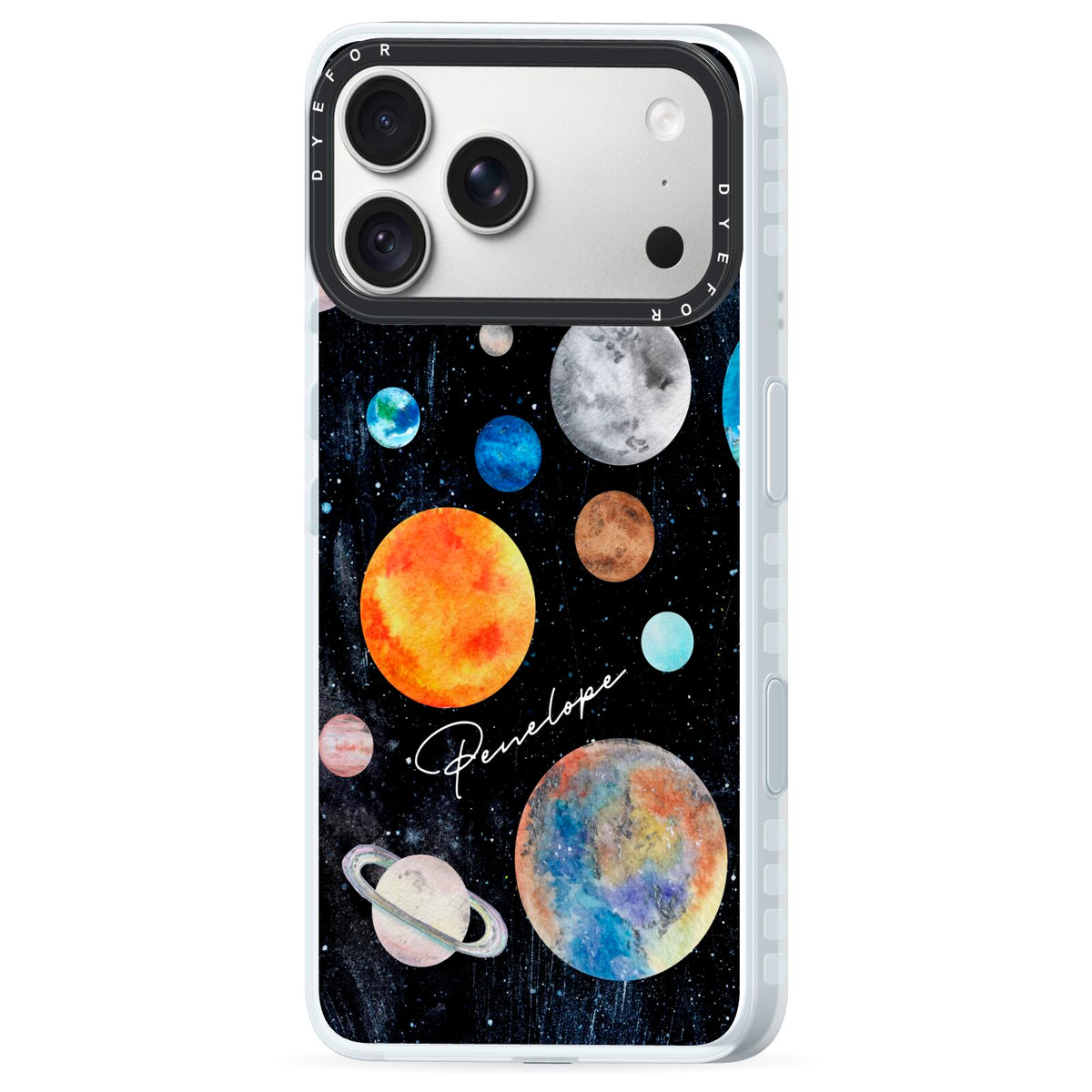 Personalised Planets iPhone 18 Pro Black Impact Pre order Case Side Angle on Silver phone
