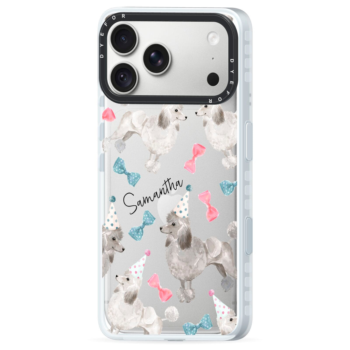 Personalised Poodle Dog iPhone 18 Pro Black Impact Pre order Case Side Angle on Silver phone