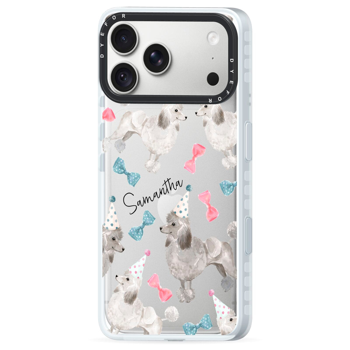 Personalised Poodle Dog iPhone 18 Pro Max Black Impact Pre order Case Side Angle on Silver phone