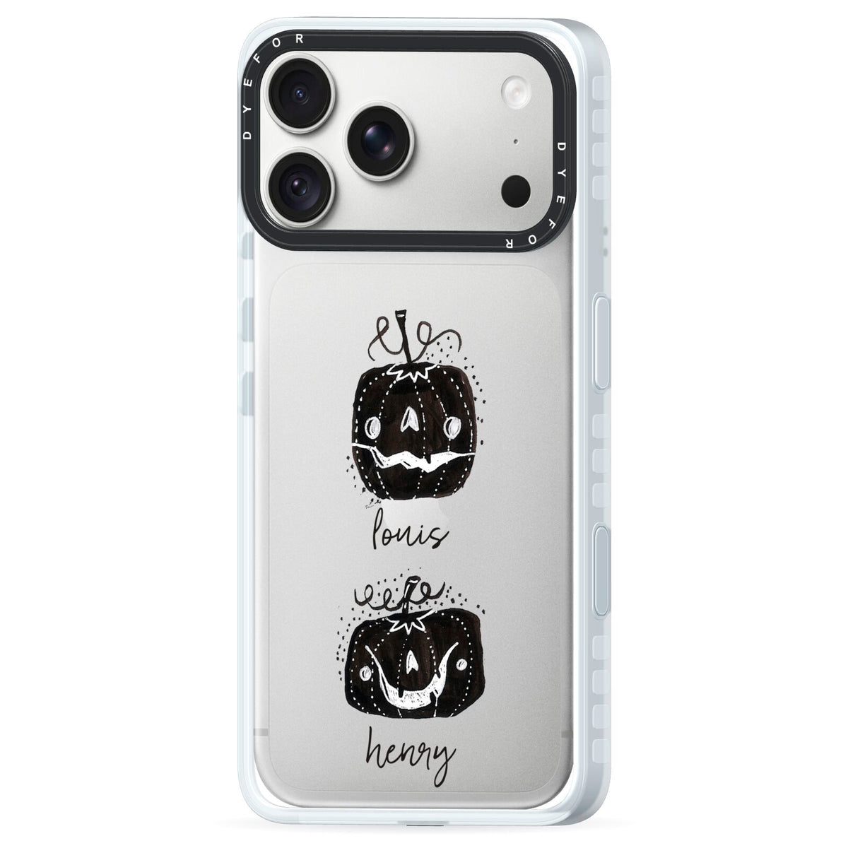 Personalised Pumpkins iPhone 18 Pro Max Black Impact Pre order Case Side Angle on Silver phone