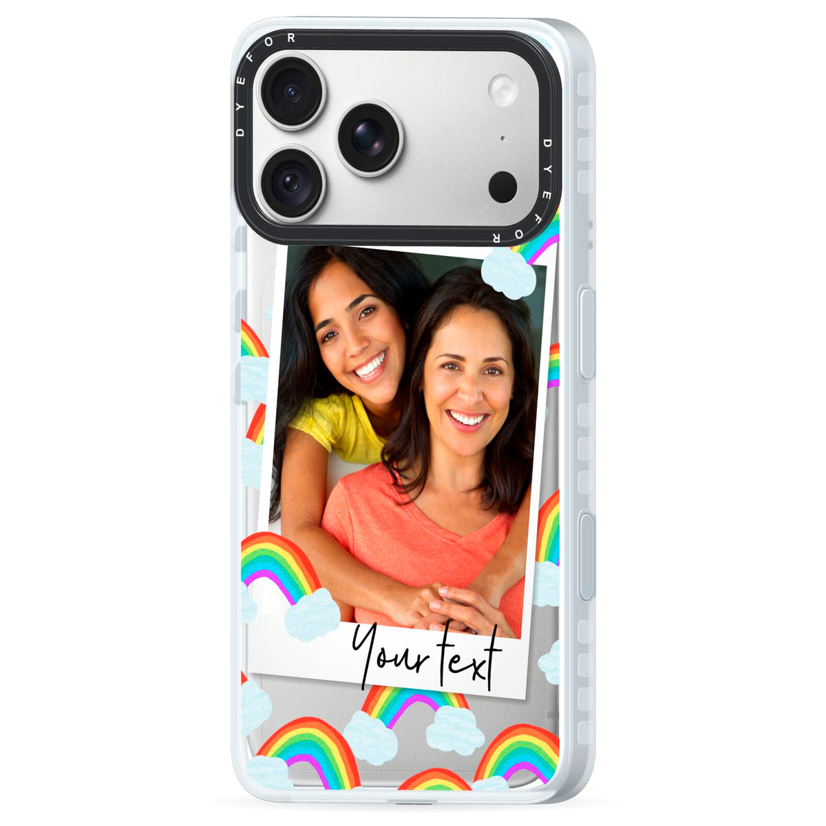 Personalised Rainbow Photo Upload iPhone 18 Pro Black Impact Pre order Case Side Angle on Silver phone