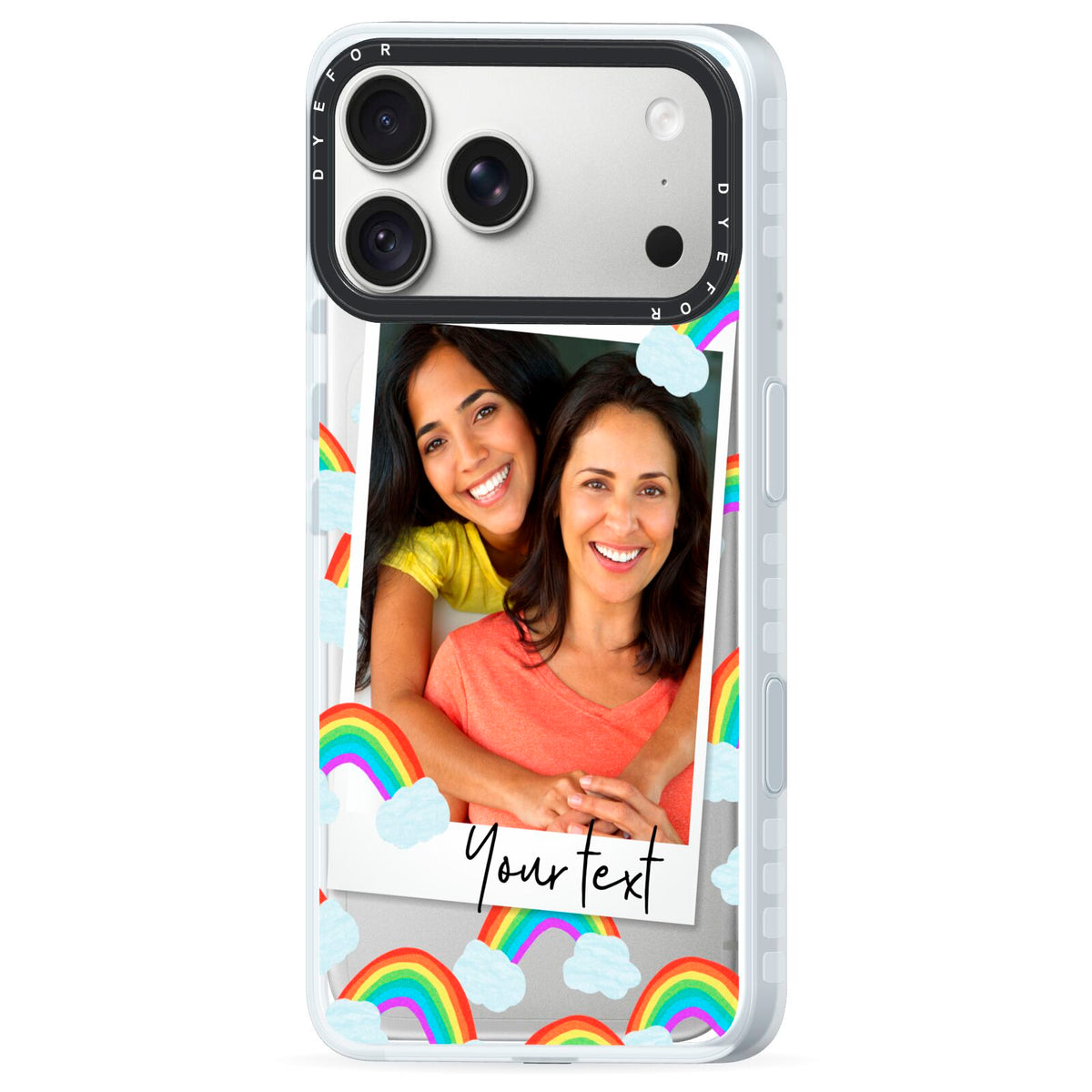 Personalised Rainbow Photo Upload iPhone 18 Pro Max Black Impact Pre order Case Side Angle on Silver phone