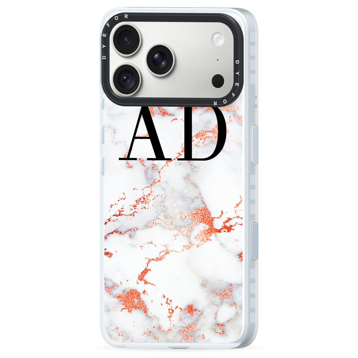 Personalised Rose Gold Marble Initials iPhone 18 Pro Black Impact Pre order Case Side Angle on Silver phone