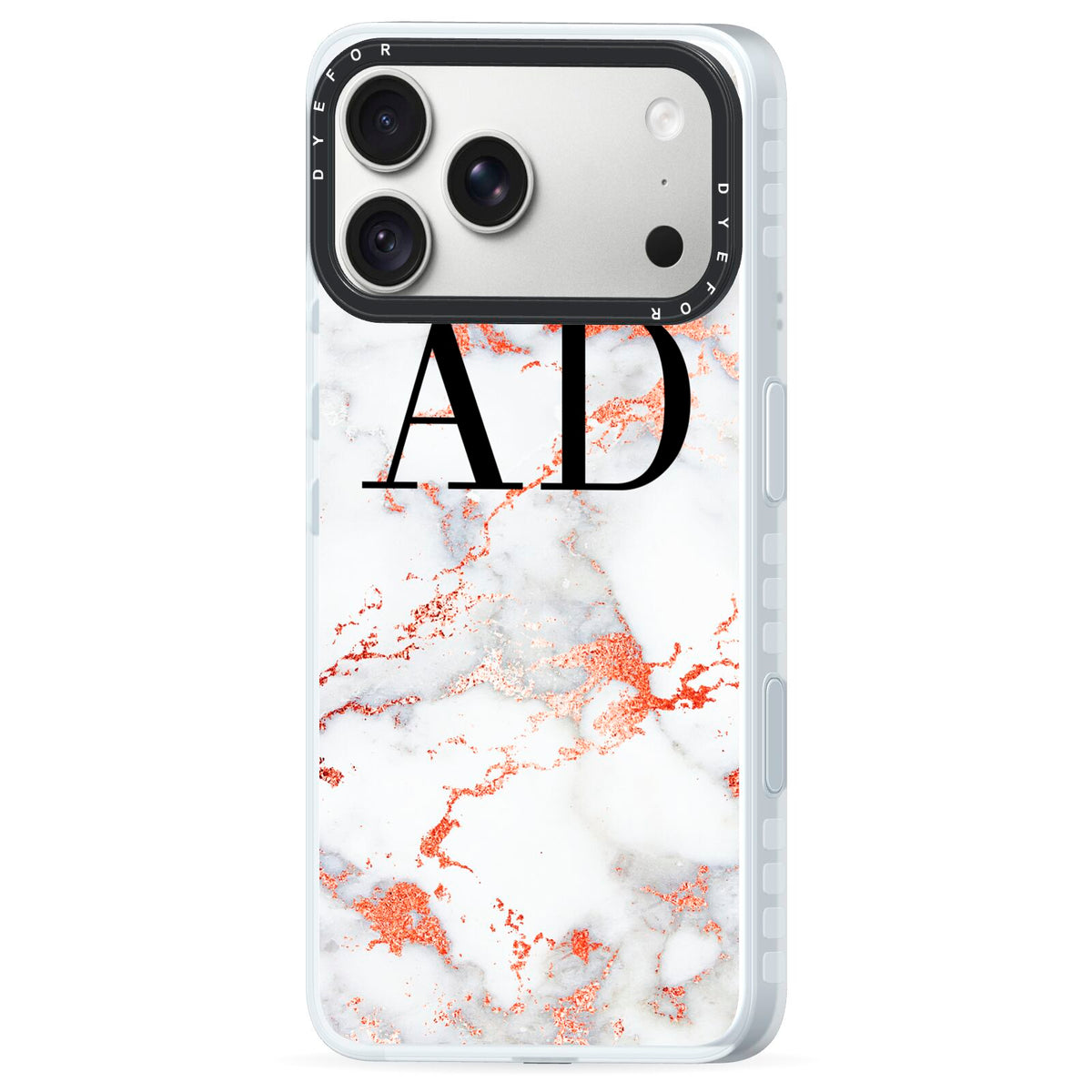 Personalised Rose Gold Marble Initials iPhone 18 Pro Max Black Impact Pre order Case Side Angle on Silver phone