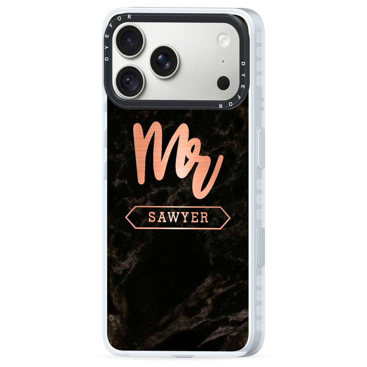 Personalised Rose Gold Mr Surname Marble iPhone 18 Pro Black Impact Pre order Case Side Angle on Silver phone