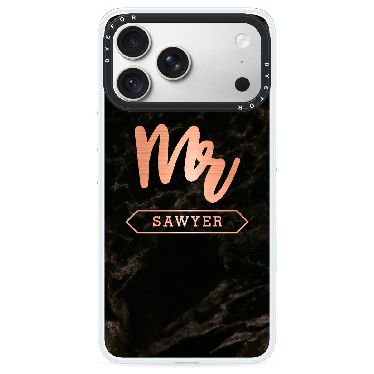 Personalised Rose Gold Mr Surname Marble iPhone 18 Pro Black Impact Pre order Case on Silver phone