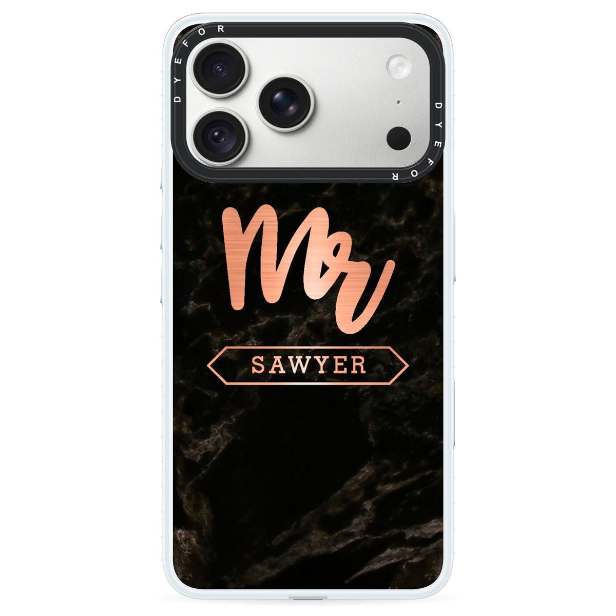 Personalised Rose Gold Mr Surname Marble iPhone 18 Pro Max Black Impact Pre order Case on Silver phone