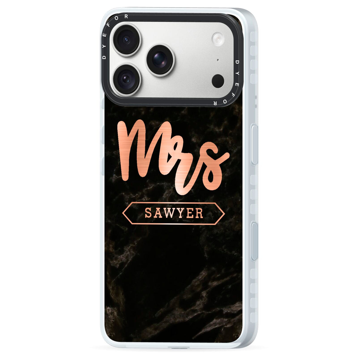 Personalised Rose Gold Mrs Surname Marble iPhone 18 Pro Black Impact Pre order Case Side Angle on Silver phone