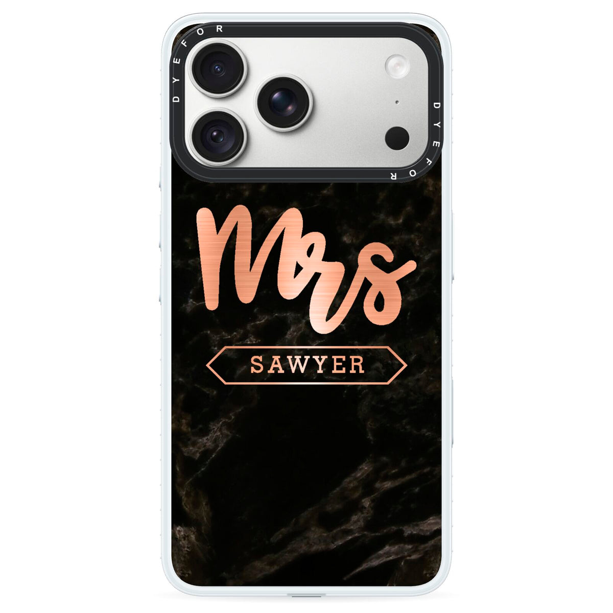 Personalised Rose Gold Mrs Surname Marble iPhone 18 Pro Black Impact Pre order Case on Silver phone