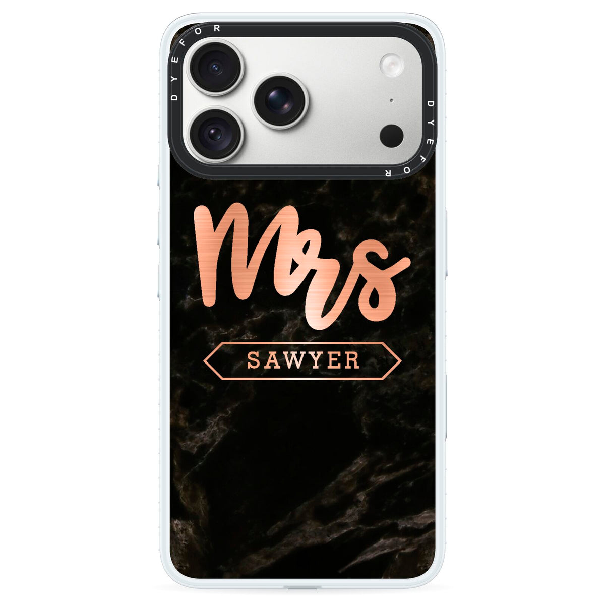 Personalised Rose Gold Mrs Surname Marble iPhone 18 Pro Max Black Impact Pre order Case on Silver phone