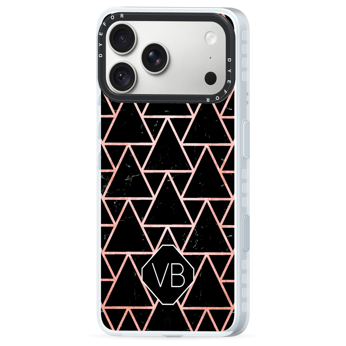 Personalised Rose Gold Triangle Marble iPhone 18 Pro Black Impact Pre order Case Side Angle on Silver phone