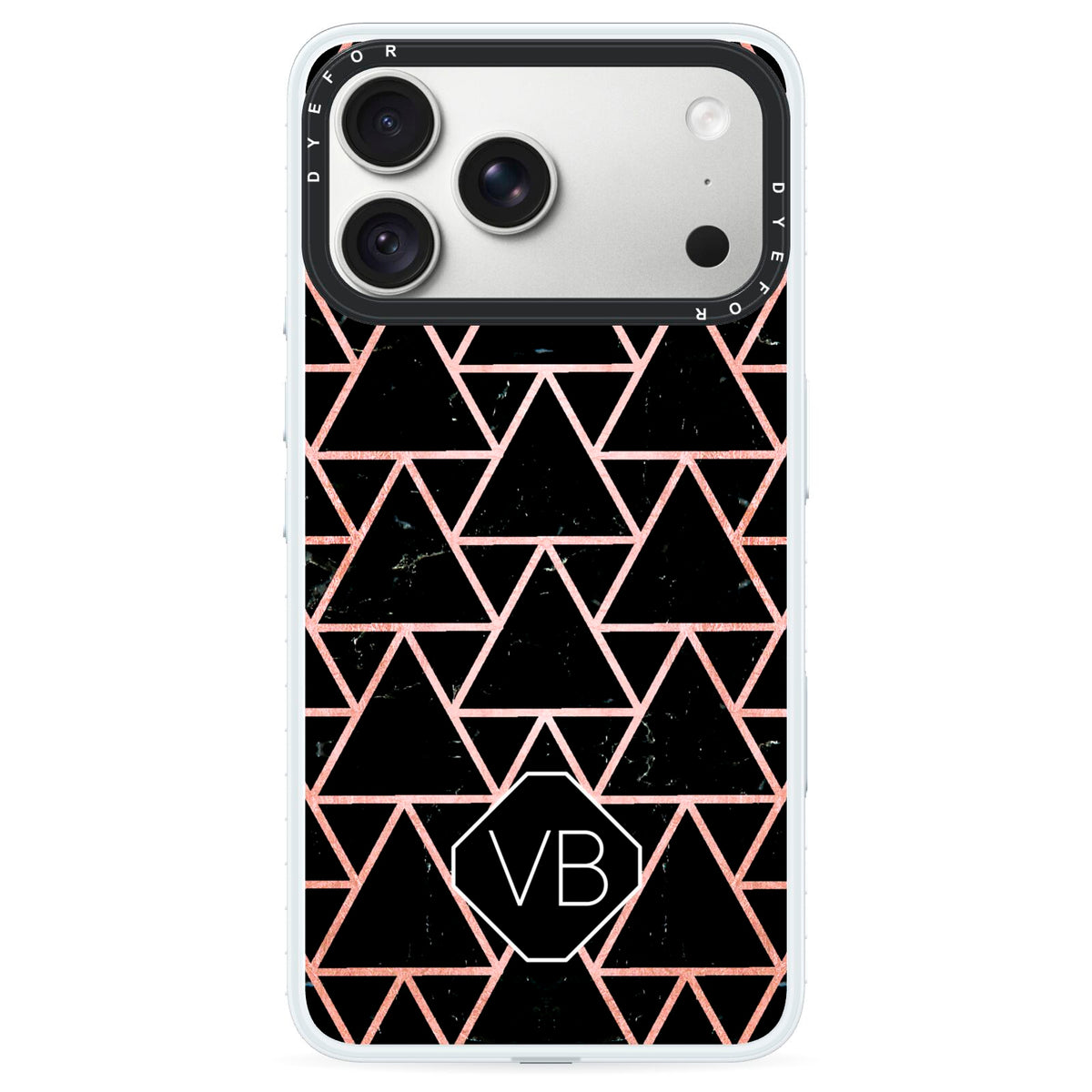 Personalised Rose Gold Triangle Marble iPhone 18 Pro Black Impact Pre order Case on Silver phone