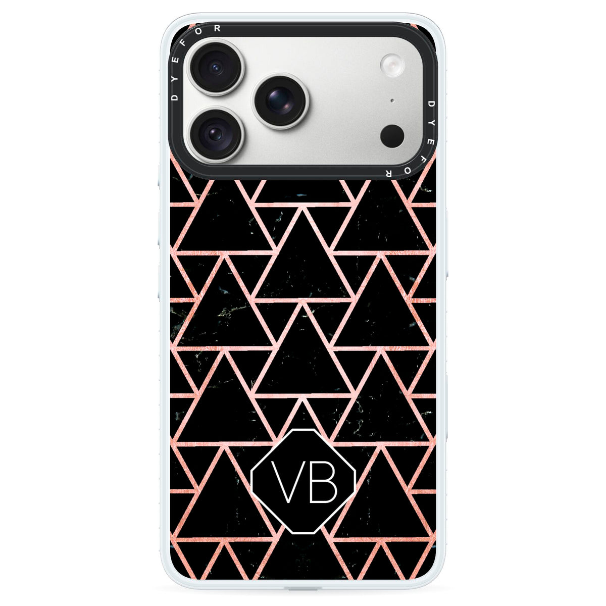 Personalised Rose Gold Triangle Marble iPhone 18 Pro Max Black Impact Pre order Case on Silver phone