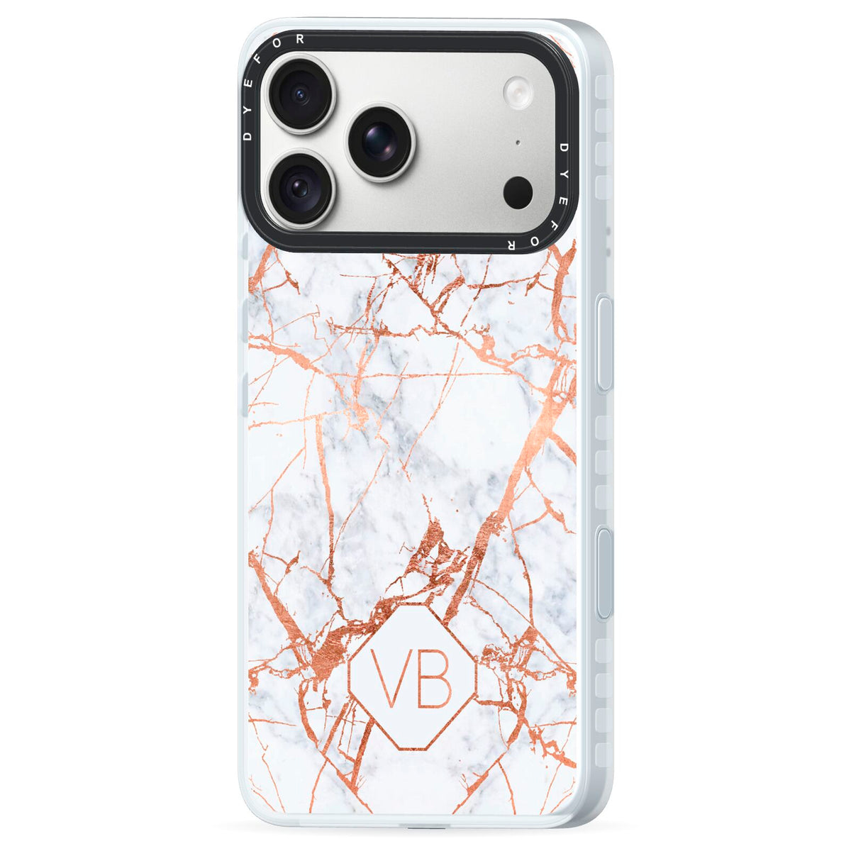 Personalised Rose Gold Vein Marble Initials iPhone 18 Pro Black Impact Pre order Case Side Angle on Silver phone