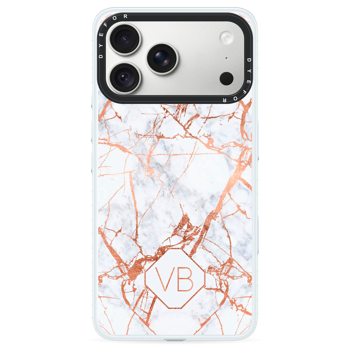 Personalised Rose Gold Vein Marble Initials iPhone 18 Pro Max Black Impact Pre order Case on Silver phone