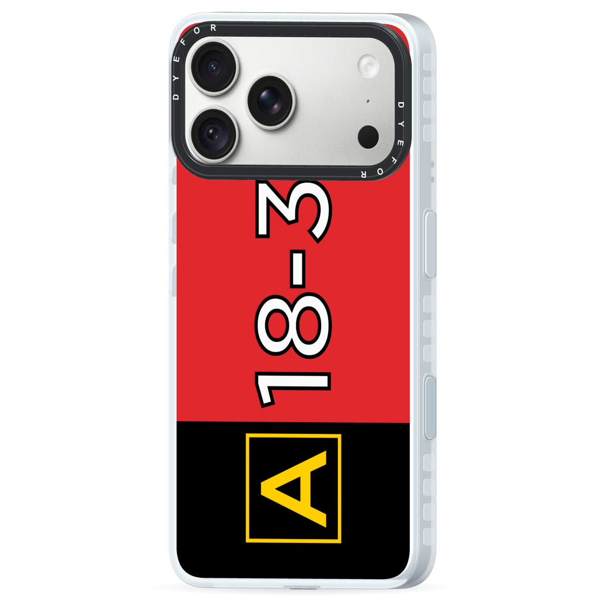 Personalised Runway Holding Position iPhone 18 Pro Black Impact Pre order Case Side Angle on Silver phone