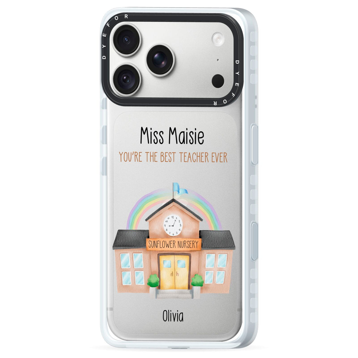 Personalised School Teacher iPhone 18 Pro Black Impact Pre order Case Side Angle on Silver phone