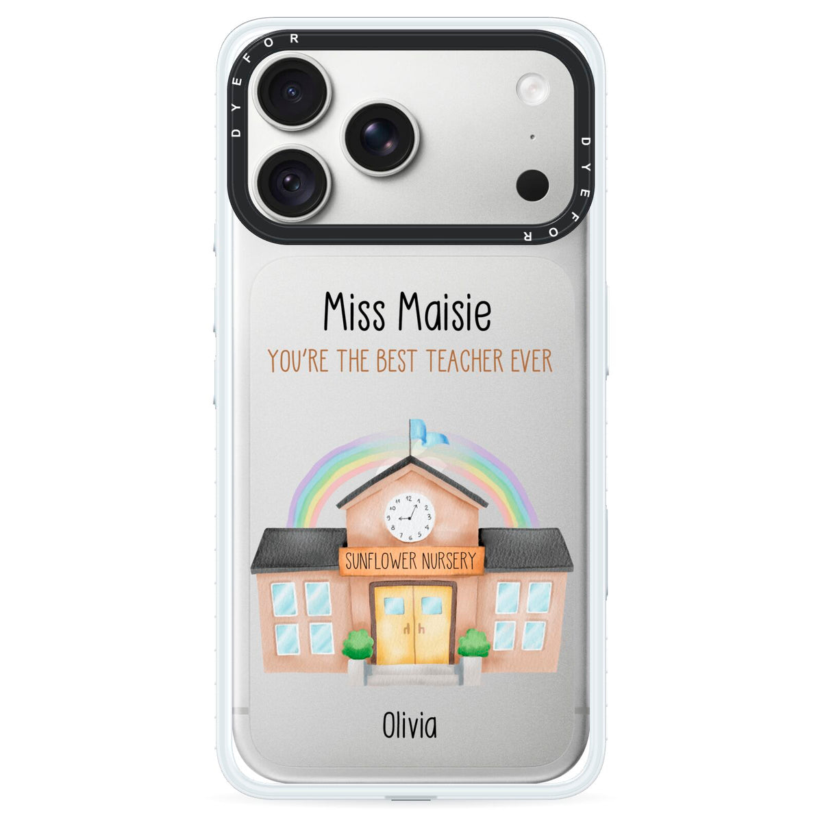 Personalised School Teacher iPhone 18 Pro Black Impact Pre order Case on Silver phone
