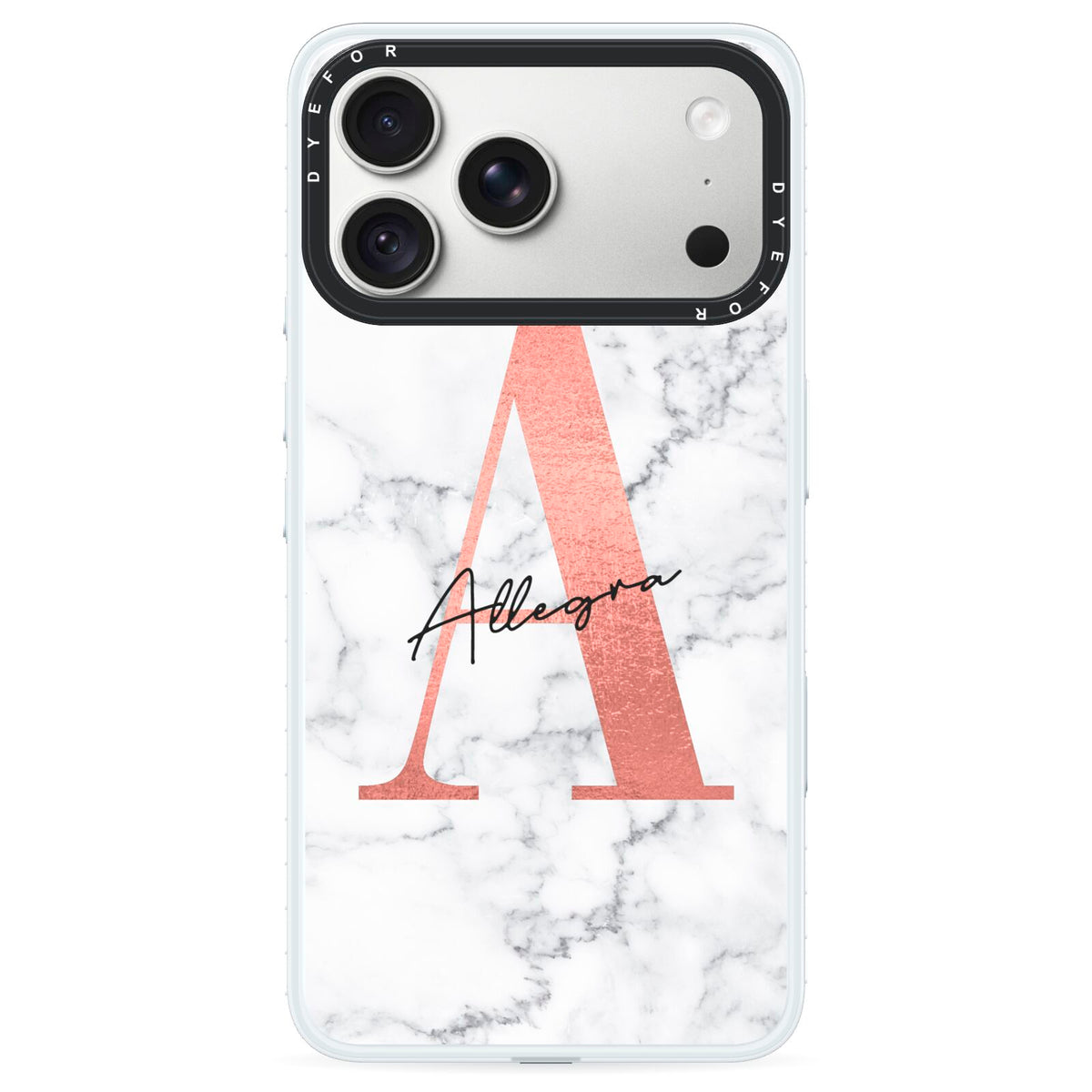 Personalised Signature Rose Gold Marble iPhone 18 Pro Black Impact Pre order Case on Silver phone