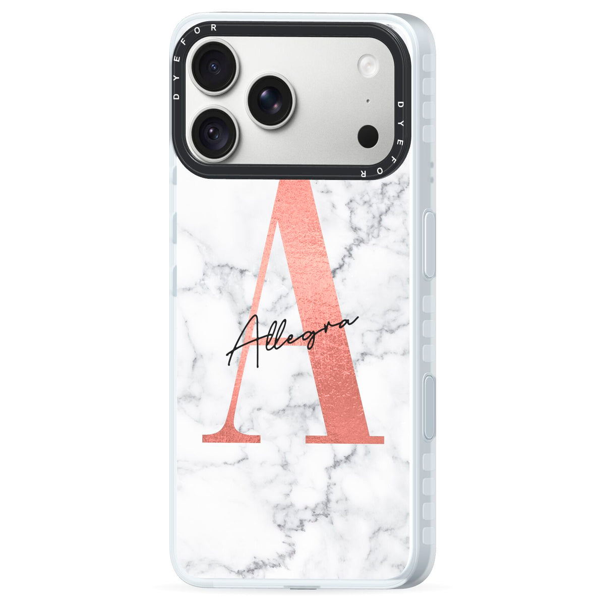 Personalised Signature Rose Gold Marble iPhone 18 Pro Max Black Impact Pre order Case Side Angle on Silver phone