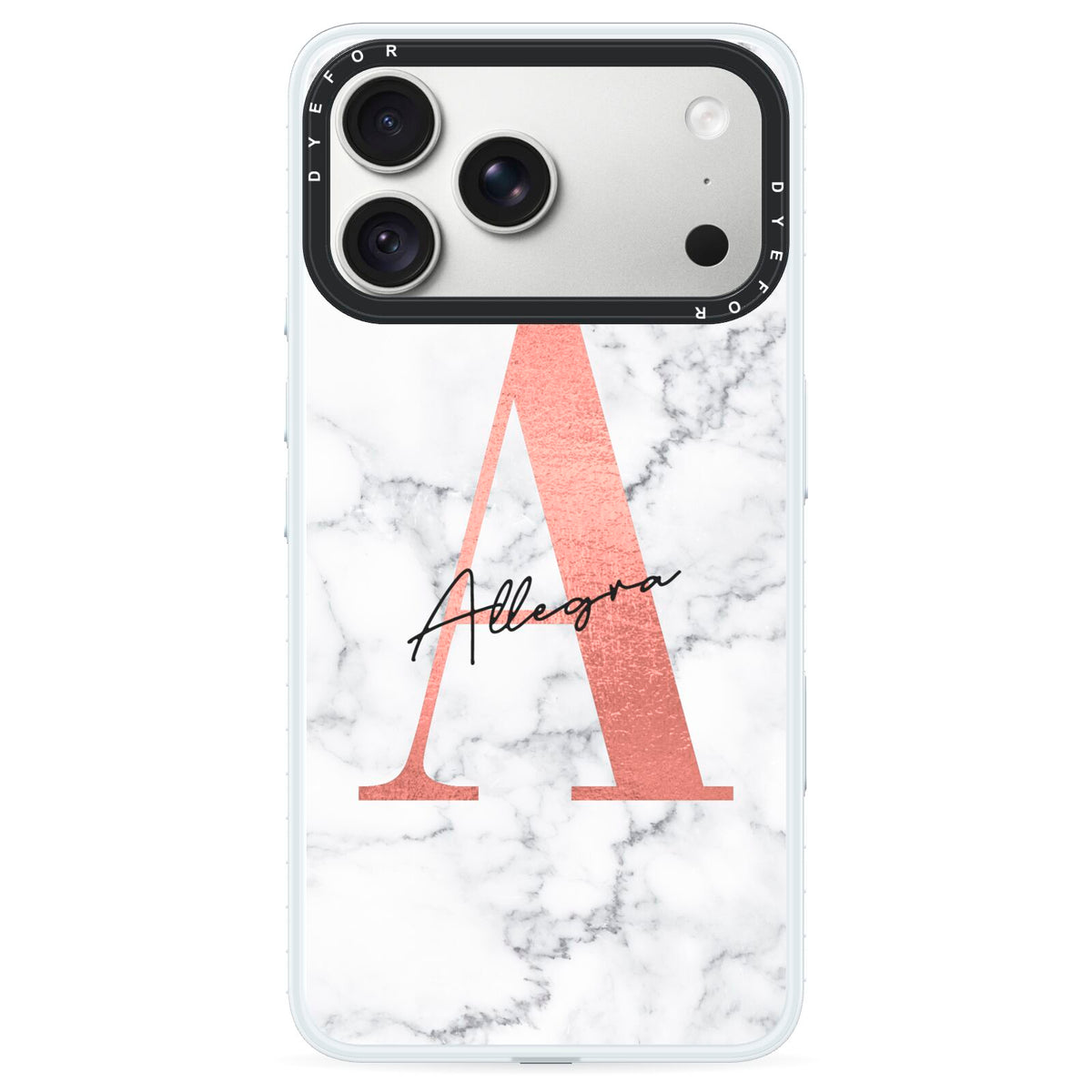Personalised Signature Rose Gold Marble iPhone 18 Pro Max Black Impact Pre order Case on Silver phone