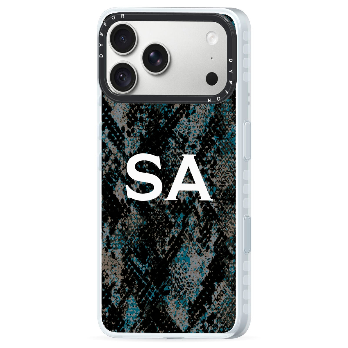 Personalised Snakeskin Effect iPhone 18 Pro Black Impact Pre order Case Side Angle on Silver phone