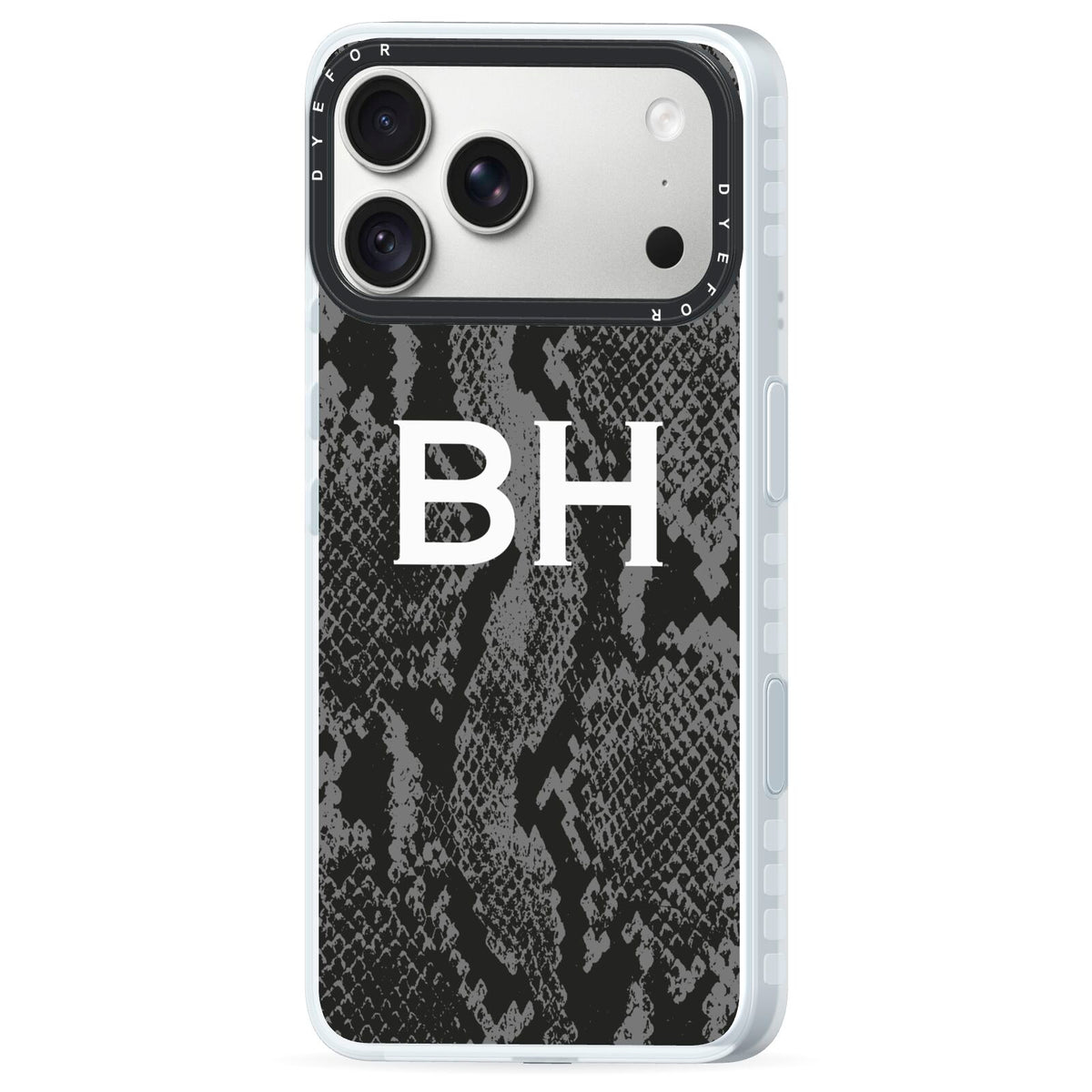 Personalised Snakeskin iPhone 18 Pro Black Impact Pre order Case Side Angle on Silver phone
