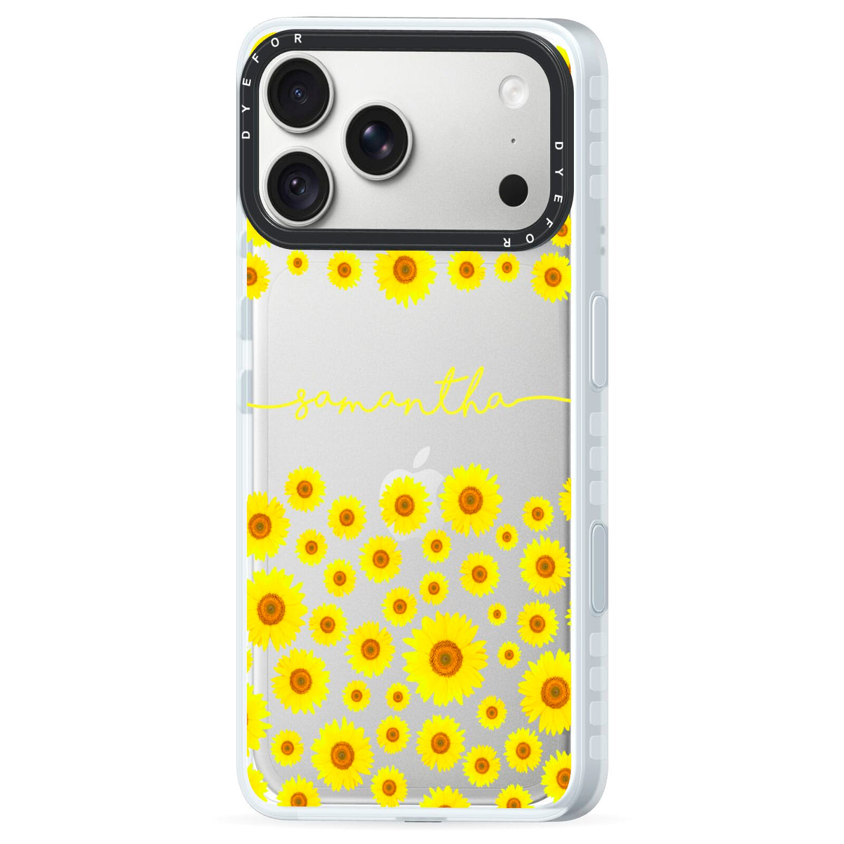 Personalised Sunflower iPhone 18 Pro Max Black Impact Pre order Case Side Angle on Silver phone