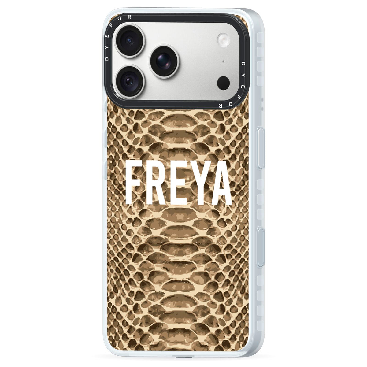 Personalised Tan Snakeskin iPhone 18 Pro Black Impact Pre order Case Side Angle on Silver phone