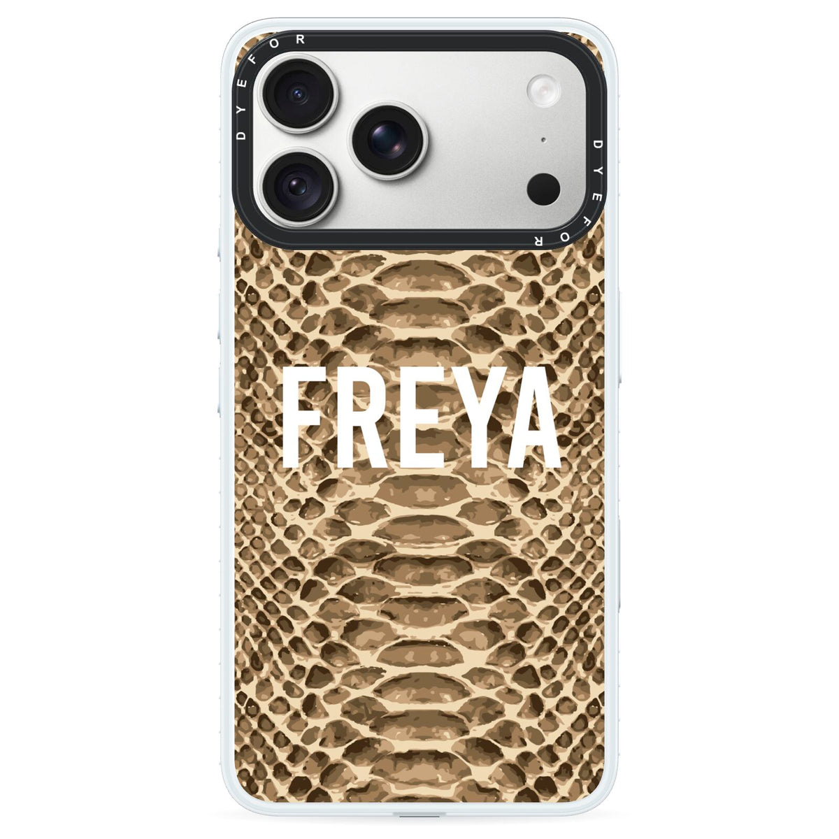 Personalised Tan Snakeskin iPhone 18 Pro Black Impact Pre order Case on Silver phone