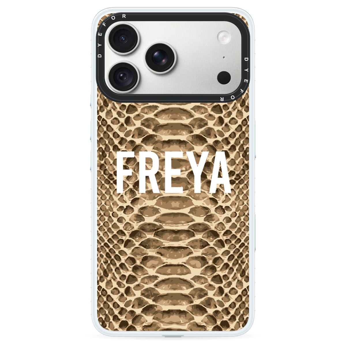 Personalised Tan Snakeskin iPhone 18 Pro Max Black Impact Pre order Case on Silver phone