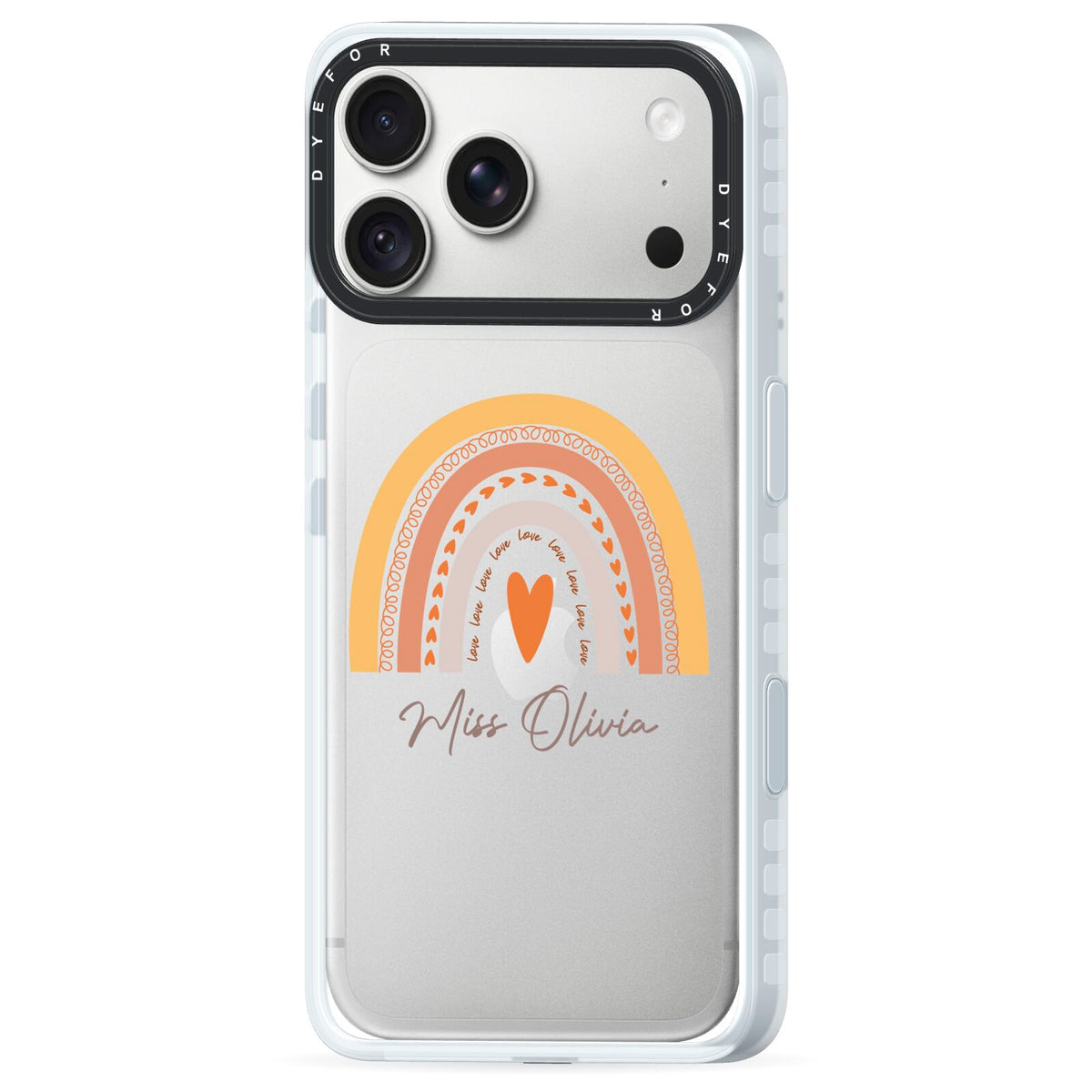 Personalised Teacher Neutral Rainbow iPhone 18 Pro Black Impact Pre order Case Side Angle on Silver phone