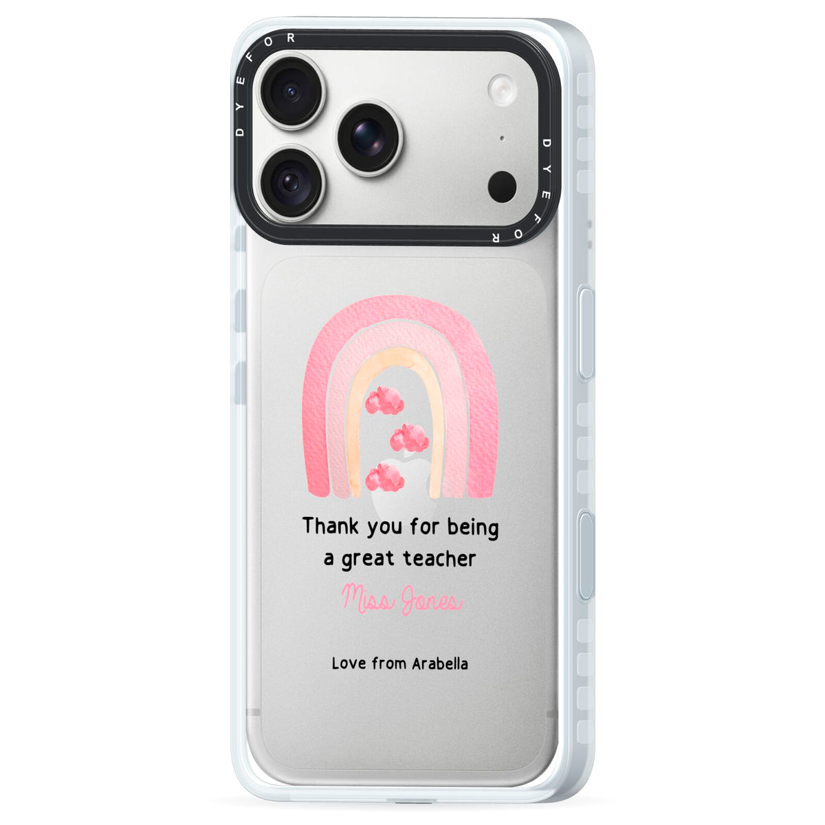 Personalised Teacher Thanks iPhone 18 Pro Black Impact Pre order Case Side Angle on Silver phone