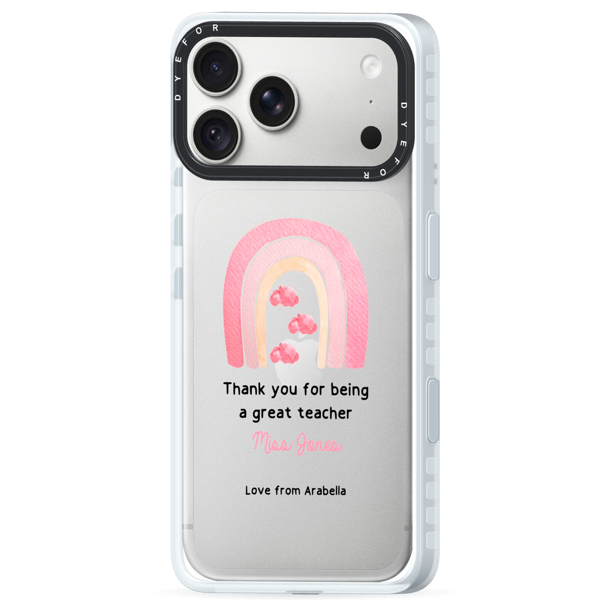 Personalised Teacher Thanks iPhone 18 Pro Max Black Impact Pre order Case Side Angle on Silver phone